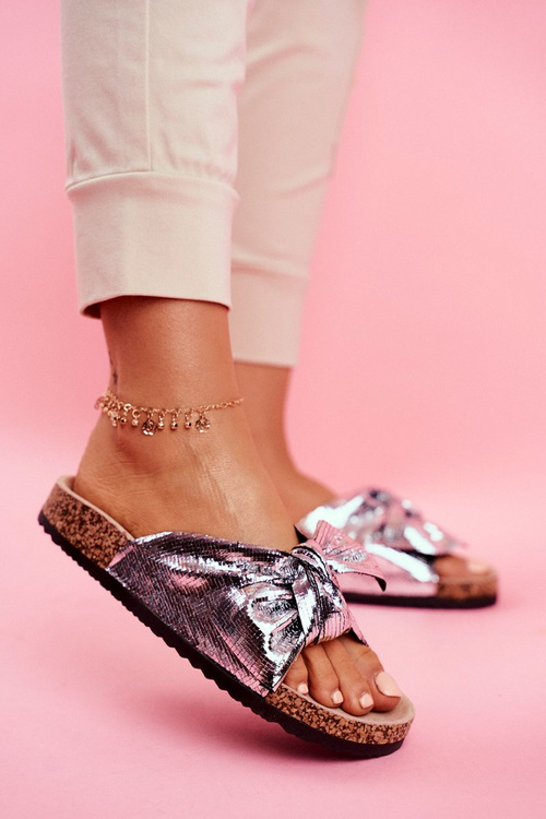 Women's Slides With Big Bow Silver Lovely Time