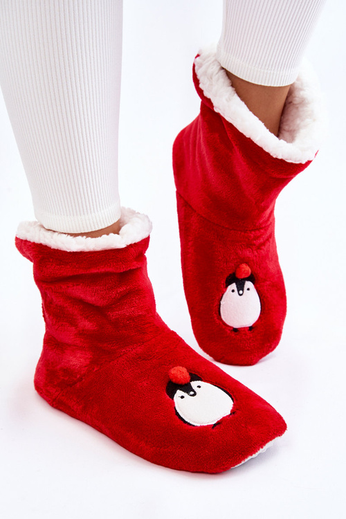 Papcie Damskie Wsuwane Ocieplane Pingwiny Czerwone