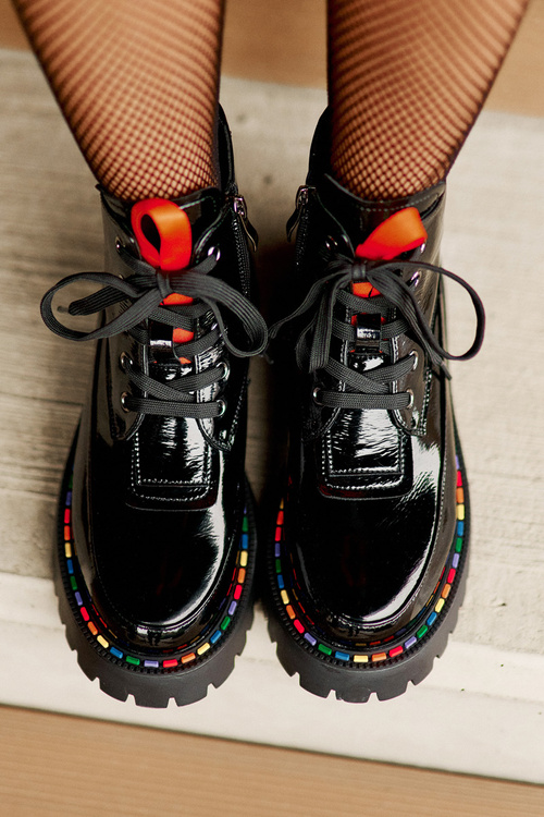 Leather Patent Ankle Boots Worker With Zipper Black Anafra