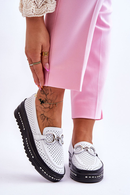 Classic Openwork Leather Moccasins With Decoration White Rendy