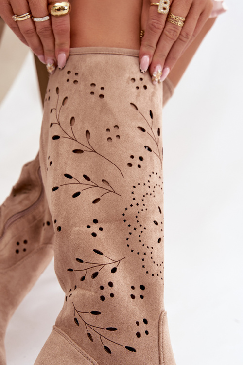 Damskie Kozaki Ażurowe Na Klocku Beżowe Helinna