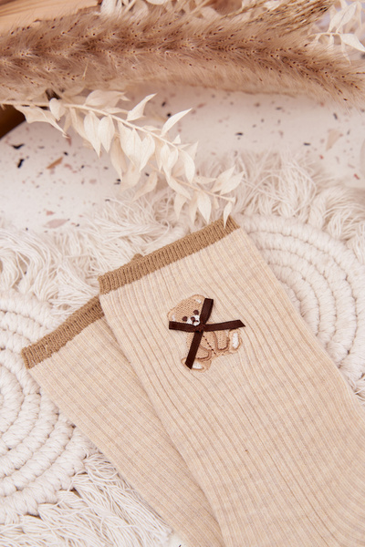 Cotton Socks Striped With Bear Beige