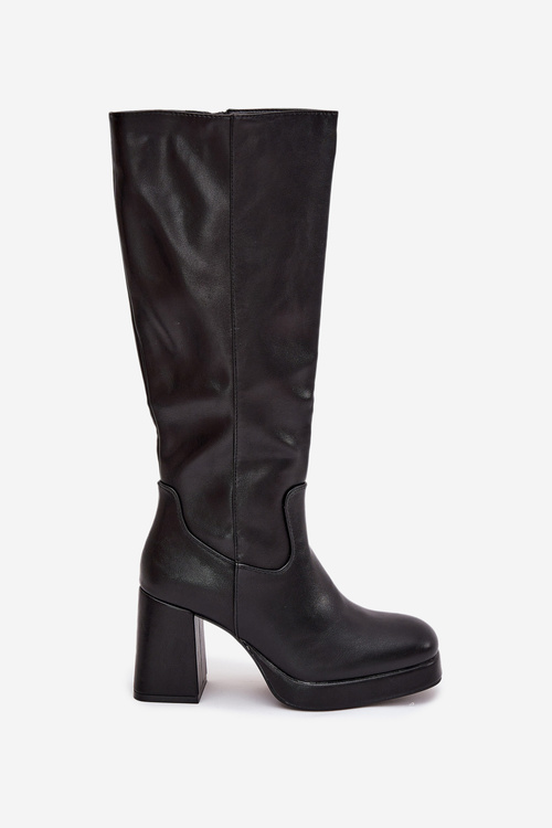 Ladies Knee High Boots With Zipper Block Heel Black Selvia