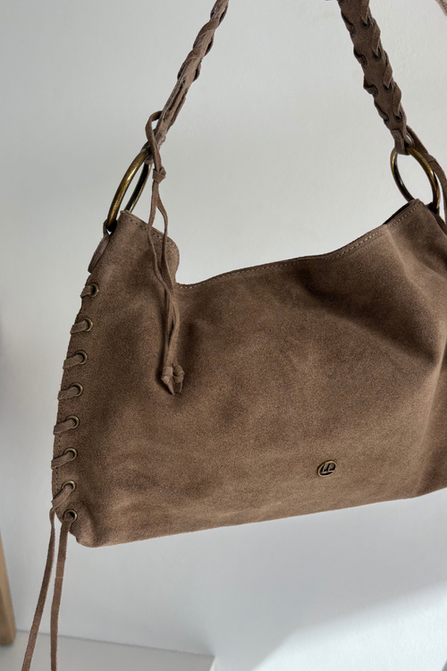 Leather Suede Bag With Decorative Lacing Dark Beige Janelis