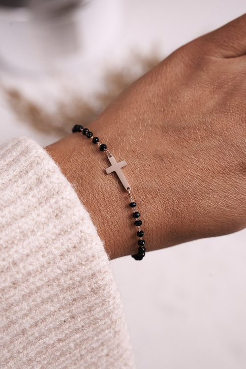 Bransoletka z Krzyżykiem Czarna Różowe Złoto Irene