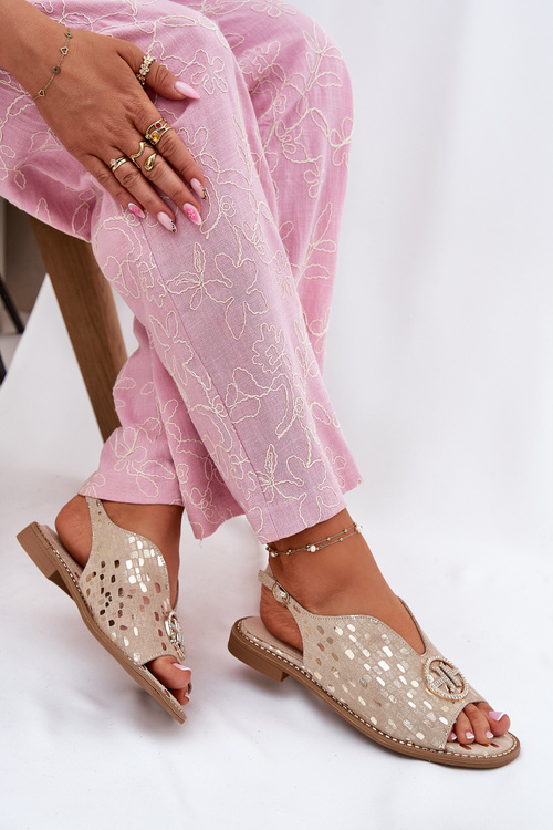 Damskie Sandały Skóra Naturalna Płaski Obcas Ozdoba Złote S.Barski KV51-094