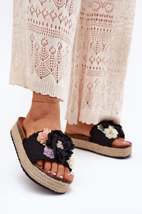 Women's Sandals With Flowers Platform With Braiding Black Zenvanis