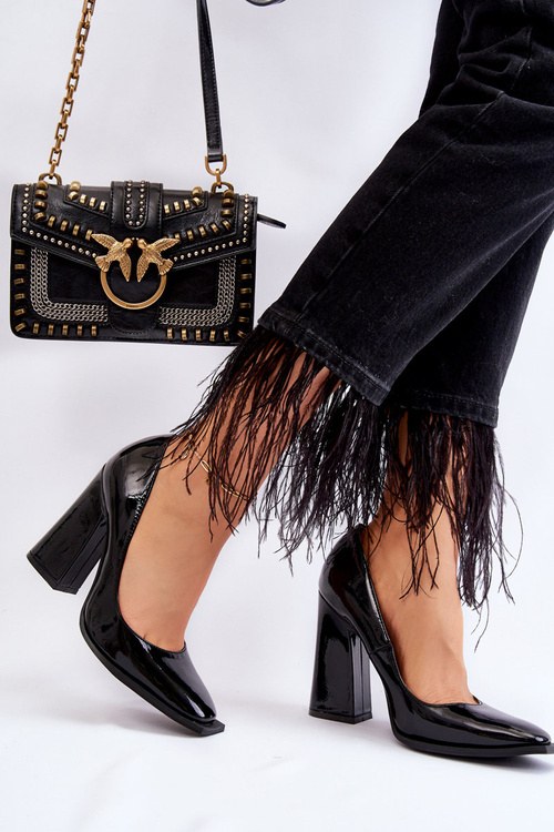 Fashionable Patent Leather Heel Pumps Black Mysterious