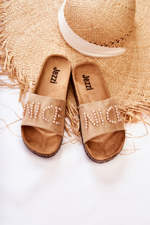 Classic Suede Slippers With Beaded Beige Vayana