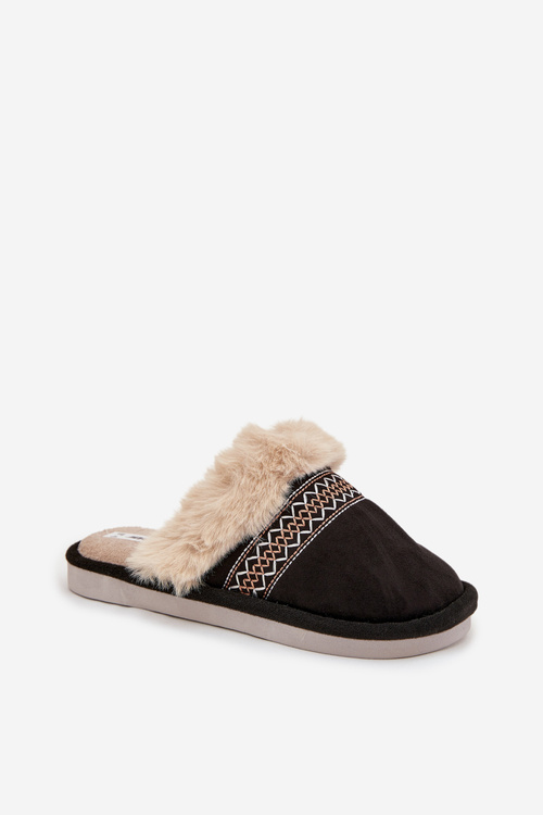 Women's slippers with fur and embroidery Black Devianne