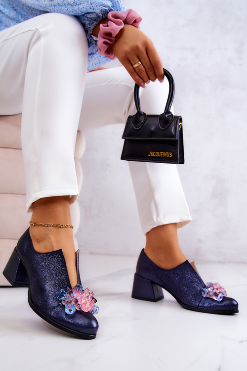 Leather metallic shoes With Decoration Navy Delaver