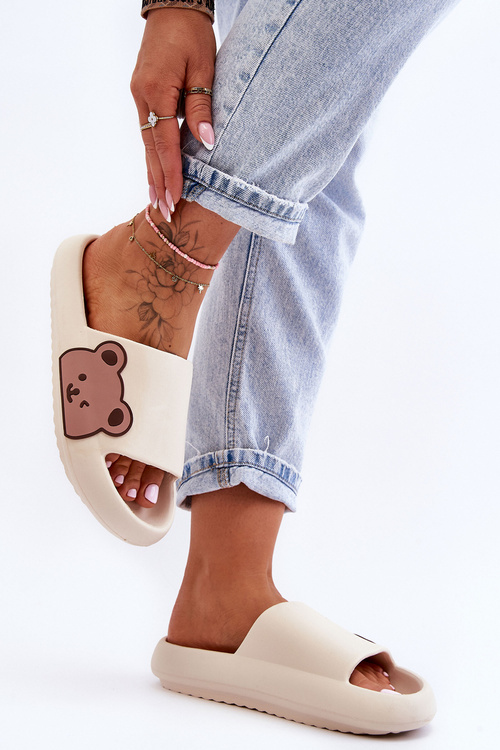 Women's Light Foam Slippers Bear Motif Beige Parisso
