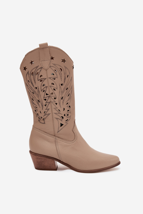 Kozaki Ażurowa Cholewka Skóra Naturalna Obcas Ciemnobeżowe Zazoo 3714