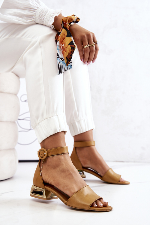 Leather Sandals On Golden Heel Laura Messi 2143 Camel