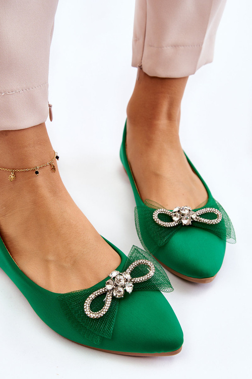 Women's V-neck Ballerinas With A Decorative Bow Green Luminous