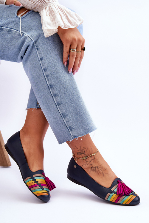 Leather Ballerinas With Fringes Maciejka 04016-17 Navy