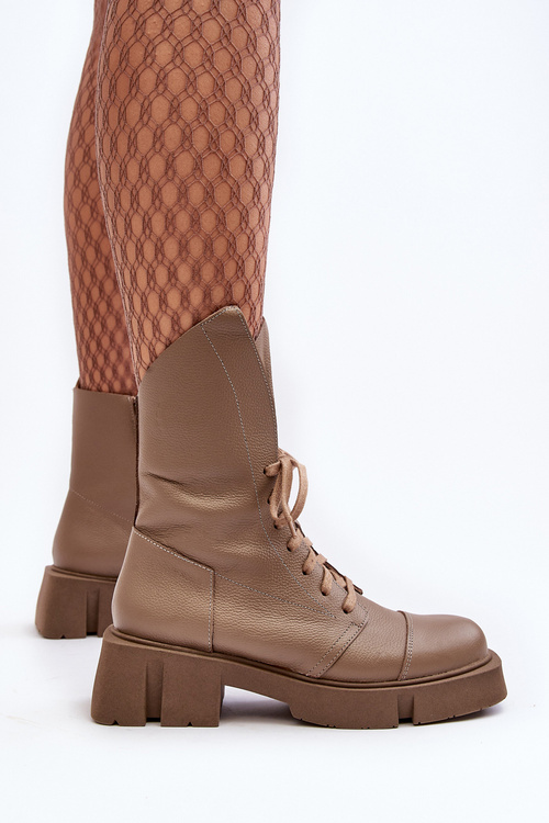 Botki Workery Skóra Masywny Płaski Obcas Ciemnobeżowe Zazoo 976A