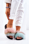 Slippers With Natural Fur Pink-green Naturis
