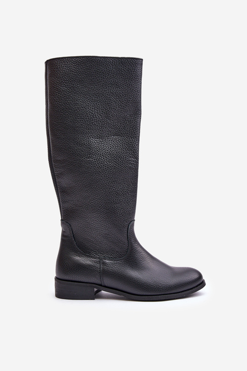 Damskie Skórzane Kozaki Na Zamek Płaski Obcas Czarne Lewski 3616