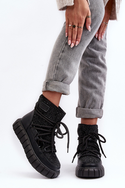 Śniegowce Ocieplane Zdobione Dżetami Czarne Goe MM2N4080