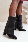 Embellished Shiny Ankle Boots With Turned Shaft On Block Heels Insulated Black Xistaria