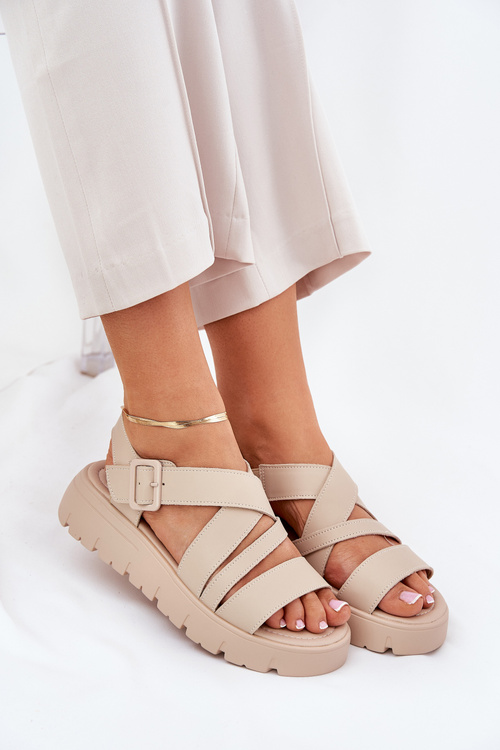 Women's Leather Platform Sandals With Buckle Beige Selianae