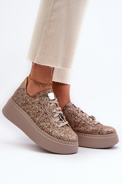 Buty Sportowe Skóra Platforma Maciejka 06191-10 Beżowe