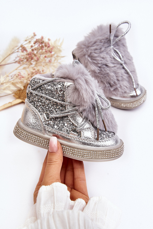 Children's snow boots with fur and sequins silver Bryana
