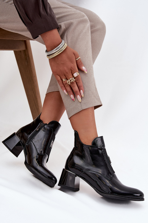 Damskie Botki Obcas Klocek Ocieplane Ozdobny Detal Skóra Czarne Zazoo 60560