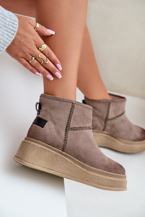 Damskie Śniegowce Botki Skórzane Zamszowe Na Platformie I Koturnie Ciemnobrązowe Maciejka 06769-02