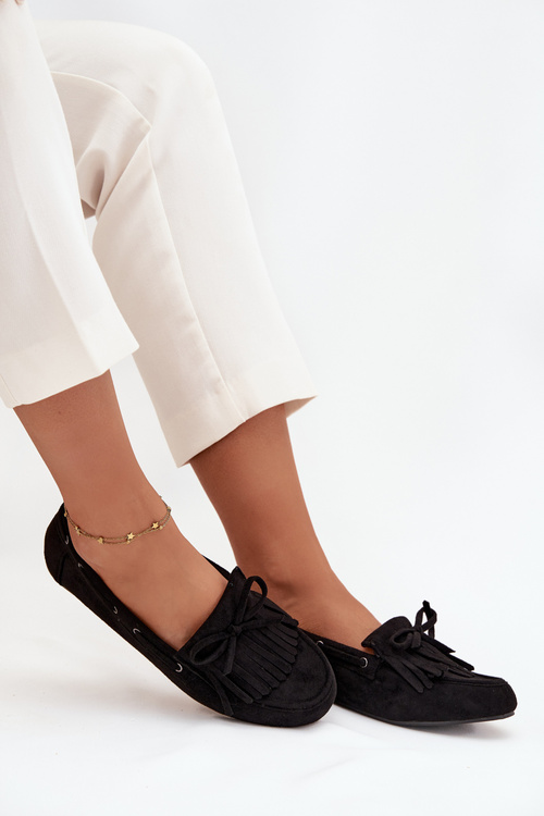 Women's moccasins with fringes and bow black Olivianne
