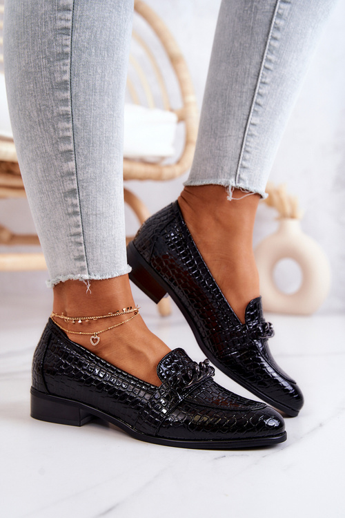 Półbuty Lakierowane Skórzane Wężowe Czarne Yasmin