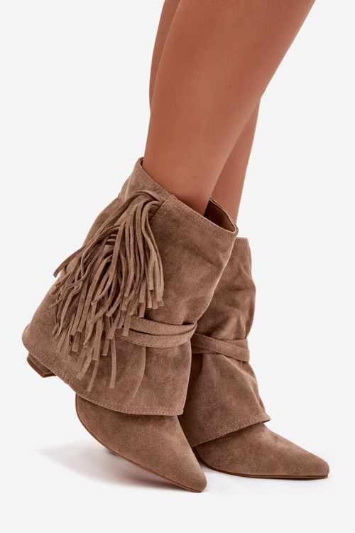 Women's ankle boots with heel with fringes and gold buckles beige Evelisse