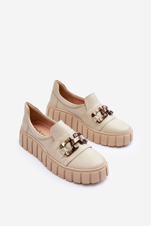 Women's Leather Platform Shoes with Decorative Beige Lewski 3398