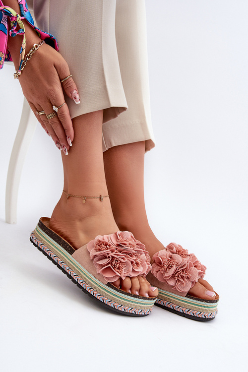 Klapki Na Platformie Ozdobione Kwiatkami Damskie Różowe Nodina