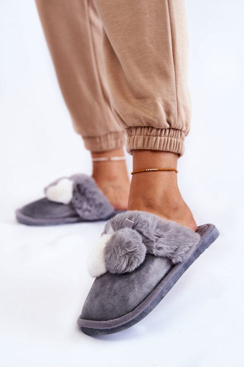 Papcie Damskie Pompony Futerko Szare Sahira