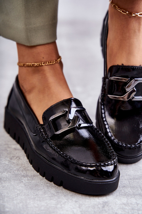 Półbuty Loafery Modne Skóra Czarne Kjersti