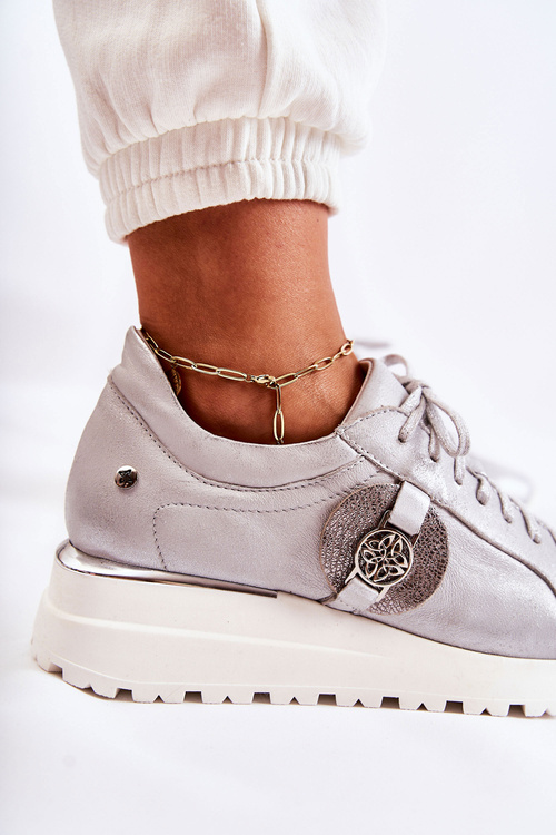 Leather Sport Shoes On Wedge Maciejka 05492-11 Silver