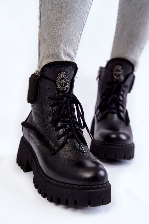 Trapery Botki Damskie Skóra Czarne Lemar Vergo