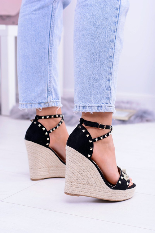 Black Sandals on platforms Espadrilles studded with rhinestones Narumi
