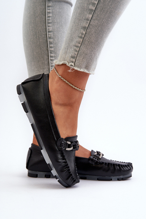 Women's Black Leather Moccasins with Ornament S.Barski LR339