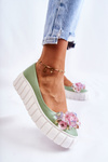 Leather Ballerinas On A Platform With Colorful Ornament Green Ladette