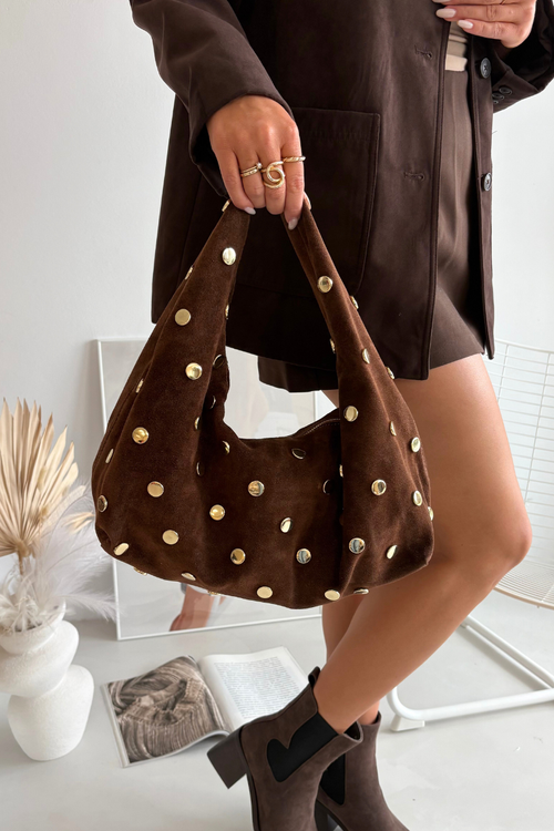 Leather Suede Bag With Embellishment Brown Narisse