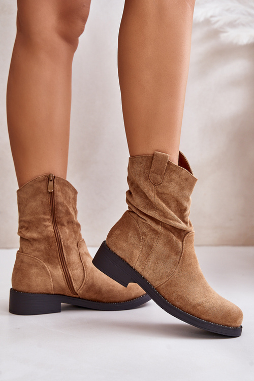 Warm Women's Ankle Boots With Gathered Shaft And Decoration Camel Etteara