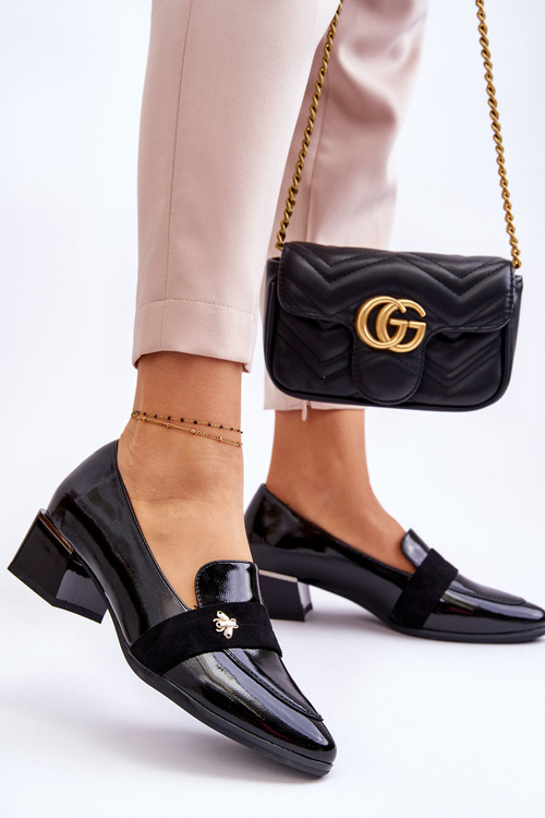 Patent Leather Low Heel Pumps With Embellishment Black Doria