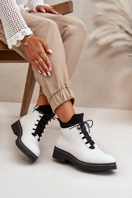 Damskie Botki Ocieplane Niska Cholewka Eko Skórzane Białe