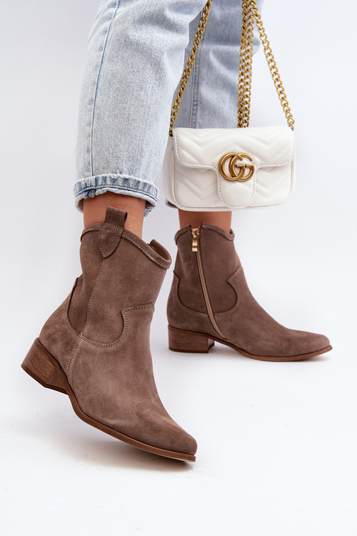 Zazoo 3329 Suede Cowboy Ankle Boots Low Heel Dark Beige