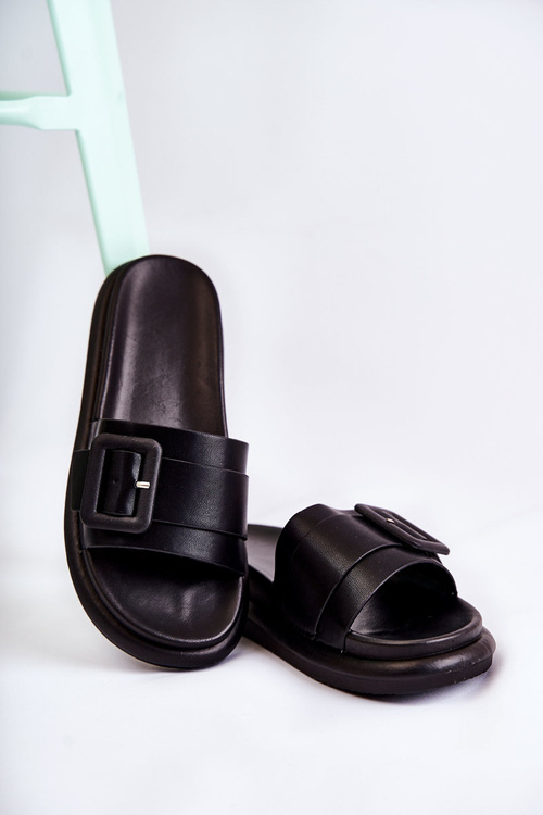 Women's Leather Slippers With A Buckle Black Devia