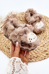Children's furry slippers with bear dark beige Apolanie
