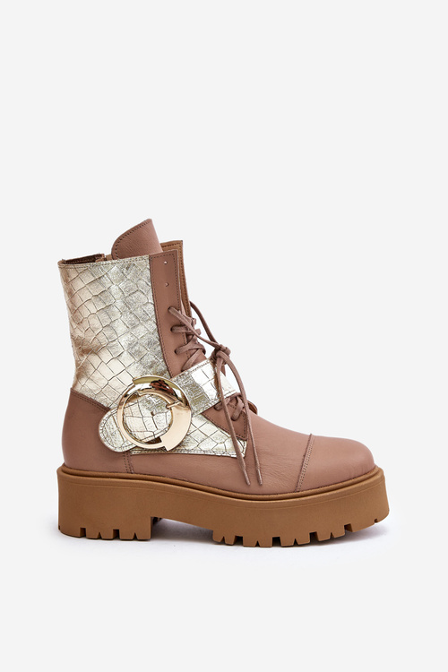 Zazoo 2942 Leather Worker Boots With Gold Buckle Beige